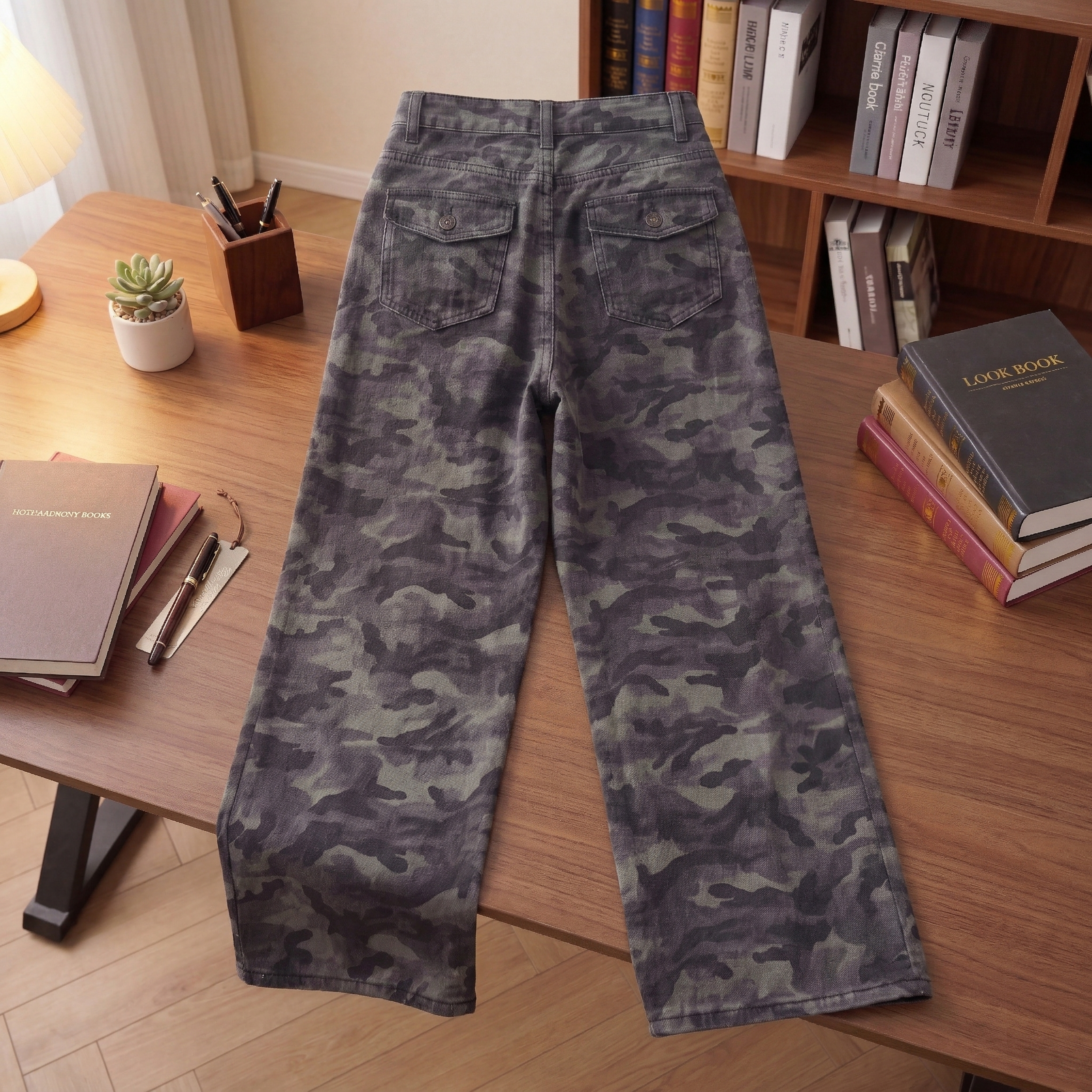 深灰浅灰黑迷彩阔腿牛仔裤，保持原裤子颜色和迷彩花纹不变，保持主… - 图片创意预览