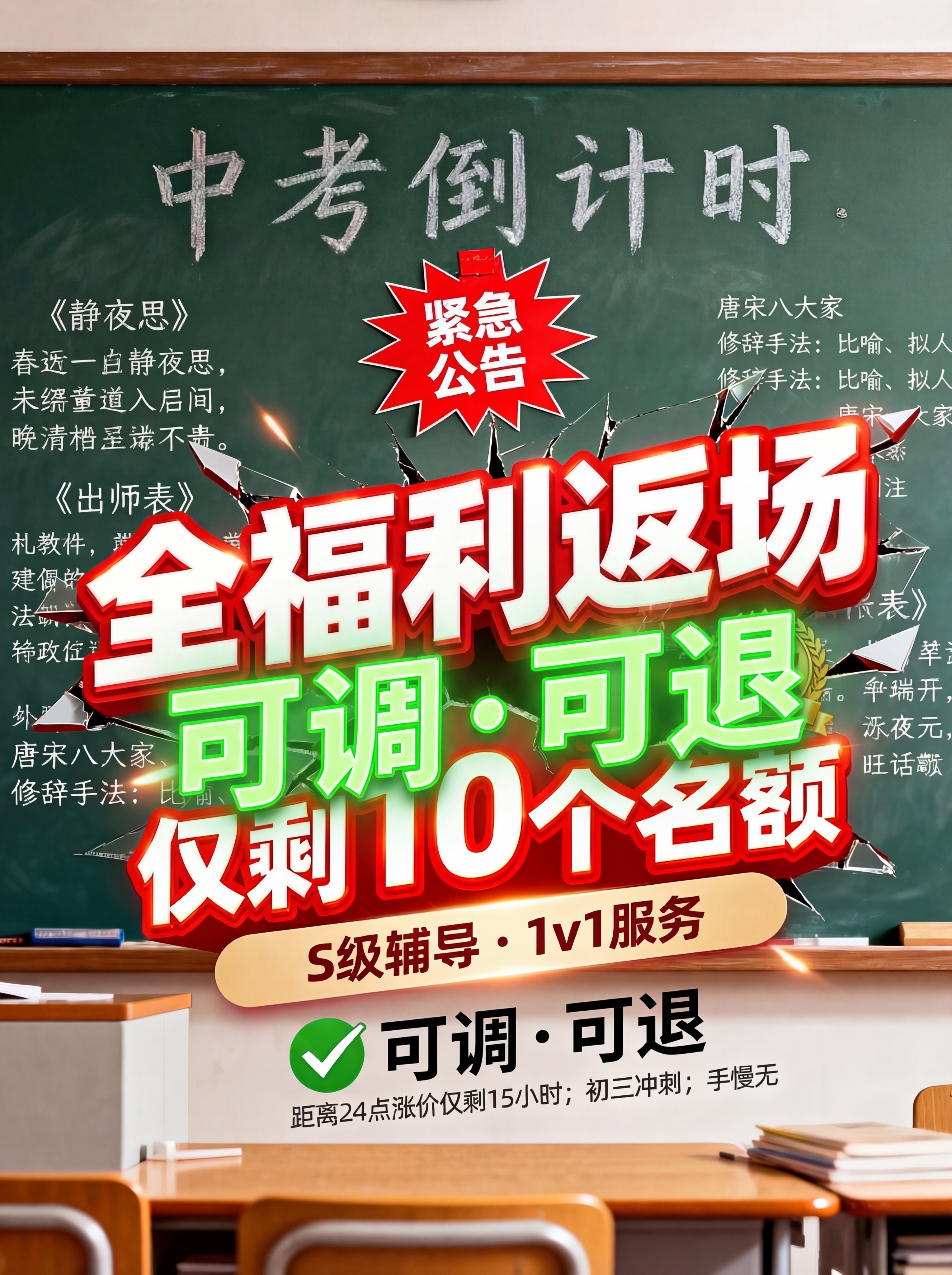 将这张海报里的“可调·可退”文字进一步放大，将文字颜色改为鲜艳… - 图片创意预览