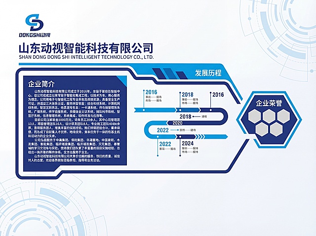 设计尺寸为高2.5米宽3.5米的企业文化墙，整体排版参考参考图的箭头造型布局，保留原参考图的企业简介和发展历程板块结构，去掉所有灯光效果。左上角保留公司logo：不做任何修改；logo下方放置公司全称"山东动视智能科技有限公司 SHAN DONG DONG SHI INTELLIGENT TECHNOLOGY CO., LTD."。企业简介区域填入以下公司简介：山东动视智能科技有限公司成立于2016年，坐落于临沂鲁商中心，自公司成立以来专致于智能化集成工程，以技术为本、用心服务为理念，以科技成就精彩、创新引领未来为宗旨发展至今。公司拥有电子与智能化工程专业承包贰级资质，具备安全生产许可证，并通过三大体系认证。秉承以设计、安装、调试、培训、维护于一体的一站式服务理念。目前公司注册资金1000万元，现有员工80余人，骨干员工皆毕业于正规院校，理论基础雄厚，积累了丰富的项目实施经验，形成了完善的服务体系，全方位服务于业主。山东动视智能科技有限公司凭借优质的服务，铁打的质量，诚信对人的态度，欢迎各界朋友莅临参观、指导和业务洽谈。整体风格采用现代简约商务风格，配色搭配logo的蓝色和深蓝色，简约大气，适合科技公司企业文化展示，不需要灯光效果。