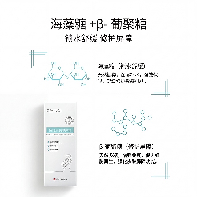 母婴医用极简风；主标题「海藻糖 +β- 葡聚糖」上方居中，副标题「锁水舒缓 修护屏障」；左右双成分示意图，文字说明左右分布，产品置于左下角；纯白背景，浅青蓝线条装饰，70% 留白，柔和光影，简约无衬线字体，严格还原上传的产品图，包括包装设计、颜色、LOGO 位置、文字内容、图案元素等所有细节，保持产品真实材质质感，产品外观与参考图完全一致，不得改变包装设计、配色方案或品牌元素，禁止模糊、示意图混乱、色彩杂乱、文字重叠、排版混乱、产品畸形、阴影过重、反光刺眼、无留白、质感粗糙、噪点、偏色发黄、字体花哨、多余装饰、元素错位