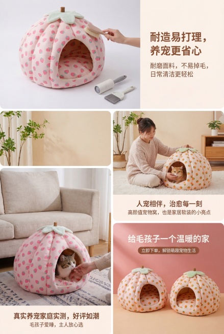 严格还原上传的产品图，包括包装设计、颜色、图案元素等所有细节，画面展示用刷子轻刷宠物窝表面，无掉毛痕迹，旁边放着清洁工具，背景为纯白色，主标题："耐造易打理，养宠更省心"，副标题："耐磨面料，不易掉毛预览效果