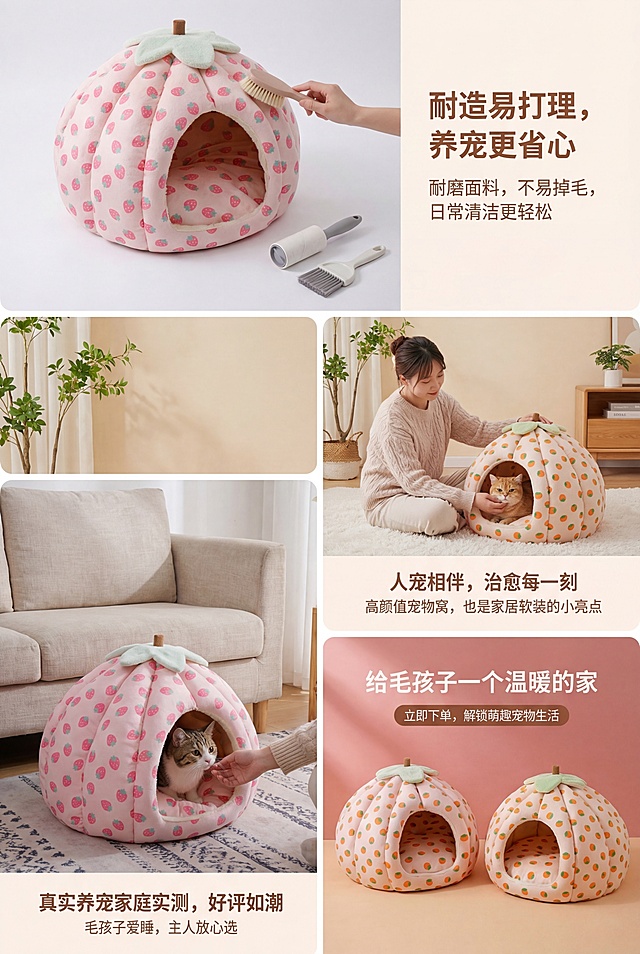 严格还原上传的产品图，包括包装设计、颜色、图案元素等所有细节，画面展示用刷子轻刷宠物窝表面，无掉毛痕迹，旁边放着清洁工具，背景为纯白色，主标题："耐造易打理，养宠更省心"，副标题："耐磨面料，不易掉毛，日常清洁更轻松"，文字采用柔和无衬线字体，暖色调，排版为左侧清洁场景特写+右侧文字说明，文字占30%，突出产品耐用性与易清洁性，整体风格专业实用，杂志级精致排版，高清质感，光影柔和，禁止出现品牌LOGO、产品规格文字、模糊画质、掉毛效果、材质破损、颜色偏差、杂乱背景、非产品元素干扰

严格还原上传的产品图，包括包装设计、颜色、图案元素等所有细节，画面展示一位30岁左右气质温柔的年轻女性，坐在地毯上温柔抚摸窝内的猫咪，背景为温馨客厅，浅米色墙面+绿植+原木家具，主标题："人宠相伴，治愈每一刻"，副标题："高颜值宠物窝，也是家居软装的小亮点"，文字采用柔和无衬线字体，暖色调，排版为底部主副标题居中，人物+宠物+产品占据画面80%区域，突出人宠互动的温馨感与产品家居适配性，整体风格轻奢温馨，杂志级精致排版，高清质感，暖光氛围，禁止出现品牌LOGO、产品规格文字、模糊画质、人物姿态僵硬、宠物姿态僵硬、颜色偏差、场景杂乱、非产品元素干扰

严格还原上传的产品图，包括包装设计、颜色、图案元素等所有细节，画面模拟手机实拍视角，展示宠物窝放置在真实居家环境中，一只猫咪在窝内探头，旁边有主人的手轻轻互动，背景为生活化场景，沙发一角/地毯，主标题："真实养宠家庭实测，好评如潮"，副标题："毛孩子爱睡，主人放心选"，文字采用柔和无衬线字体，暖色调，排版为底部主副标题居中，产品+宠物占据画面80%区域，突出真实感与口碑，整体风格自然亲切，杂志级精致排版，高清质感，自然光氛围，禁止出现品牌LOGO、产品规格文字、模糊画质、过度滤镜、宠物姿态僵硬、颜色偏差、场景杂乱、非产品元素干扰

严格还原上传的产品图，包括包装设计、颜色、图案元素等所有细节，画面中心并排展示草莓款与柿子款宠物窝，背景为粉橙渐变暖色调，主标题："给毛孩子一个温暖的家"，副标题："立即下单，解锁萌趣宠物生活"，文字采用柔和无衬线字体，暖色调，排版为顶部主标题居中、底部副标题+模拟电商行动按钮居中，产品占据画面60%区域，突出品牌调性与购买引导，整体风格轻奢萌系，杂志级精致排版，高清质感，暖光氛围，禁止出现品牌LOGO、产品规格文字、模糊画质、颜色偏差、造型变形、杂乱背景、非产品元素干扰、过度营销元素
