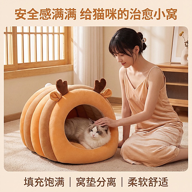 轻奢萌系温馨日式居家风格，暖色调柔和自然光，画面中心是小鹿造型半封闭式猫窝，还原参考图形态：渐变橙棕条纹外观、立体棕色鹿角+浅棕耳朵装饰、内里橙色蓬松填充，窝内有一只布偶猫惬意蜷缩，旁侧是一位气质温柔的90后日系美女，穿着浅杏色丝绒吊带睡裙，正低头抚摸猫咪，背景是浅米色日式客厅，铺同色系毛绒地毯，木质格子窗洒入暖光，营造治愈温暖氛围。顶部居中主标题，暖橙色无衬线字体：“安全感满满 给猫咪的治愈小窝”，底部居中副标题，米白色无衬线字体：“填充饱满 | 窝垫分离 | 柔软舒适”，整体构图居中对称，视觉焦点集中在人宠互动与产品上，画面高清细腻，毛绒质感高级通透。禁止产品变形、禁止条纹模糊缺失、禁止鹿角耳朵变形丢失、禁止内里填充塌陷、禁止人物宠物表情狰狞、禁止背景杂乱刺眼、禁止出现其他品牌LOGO文字遮挡产品、禁止画面模糊低分辨率、禁止冷色调、禁止猫窝比例失调、禁止场景过于空旷、禁止服装过于暴露低俗。