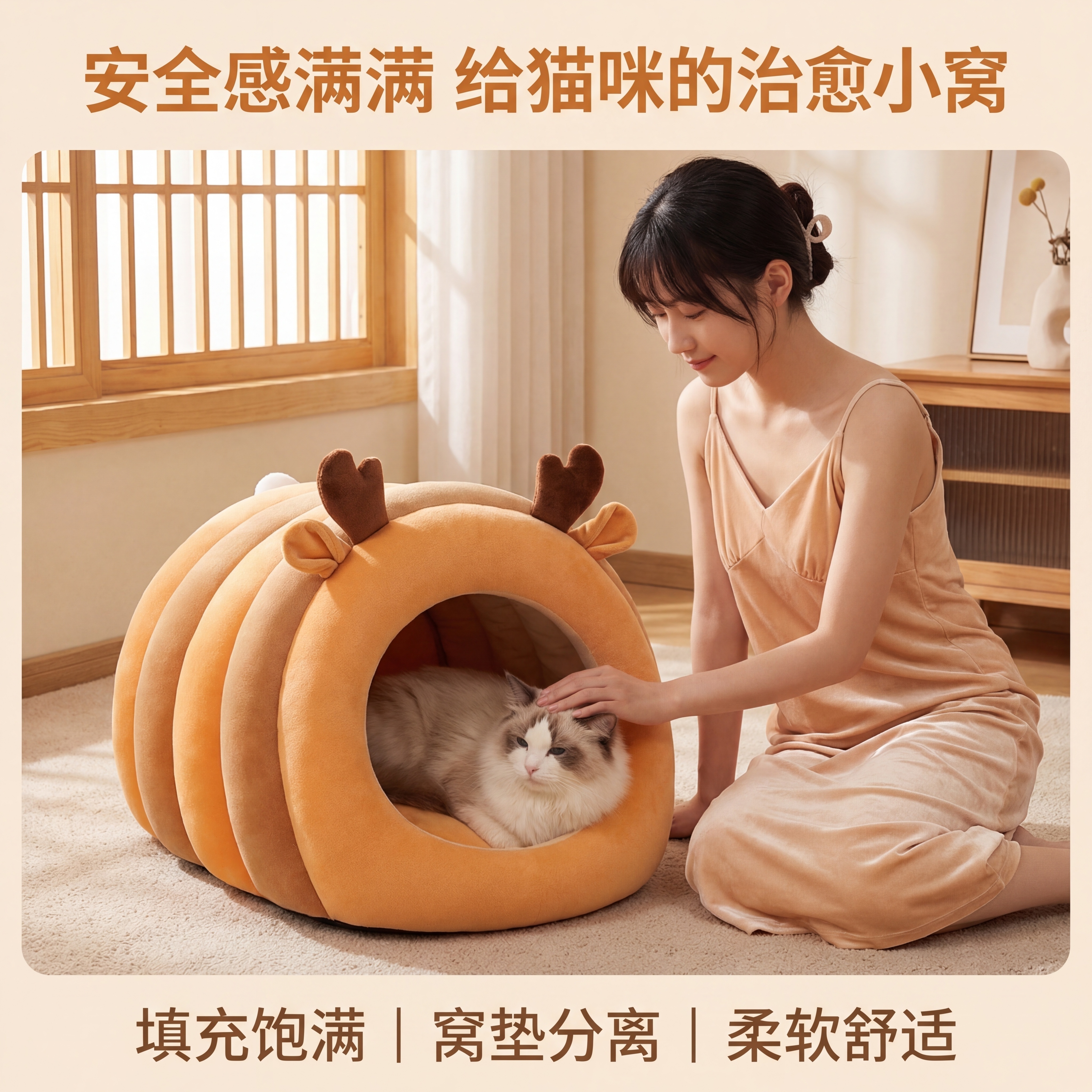 轻奢萌系温馨日式居家风格，暖色调柔和自然光，画面中心是小鹿造型… - 图片创意预览