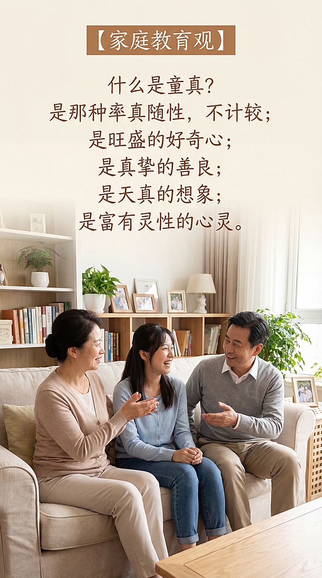 家庭教育主题温馨客厅场景，画面中有一对面带微笑的中年中国父母，旁边坐着一位年轻的中国大学生女孩，三人温馨互动交流。画面上方有清晰书写正确的中文文字标题“【家庭教育观】”，正文文字：“什么是童真?
是那种率真随性，不计较；是旺盛的好奇心；是真挚的善良；是天真的想象；是富有灵性的心灵。”，所有文字清晰工整，书写正确，风格温暖治愈，家庭氛围浓厚