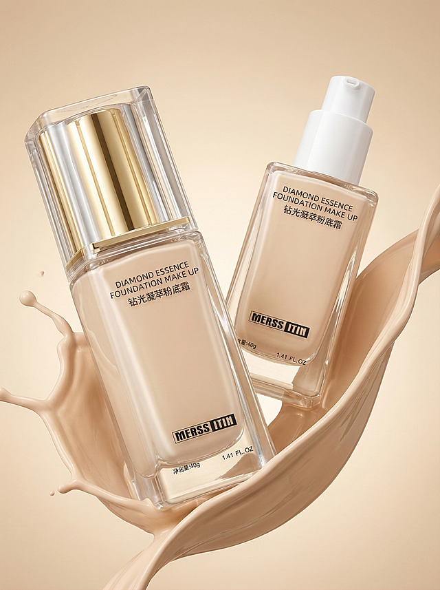 电商粉底液产品主图设计，将两张粉底液产品瓶身放在浅米色渐变背景上，采用倾斜对角线构图，一大一小错落排版，添加流动的同色系粉底液泼溅元素，整体风格高级简约，暖调柔光，提升整体清晰度和质感，符合淘宝电商详情图规范，保持产品瓶身和原有文字、logo不变形