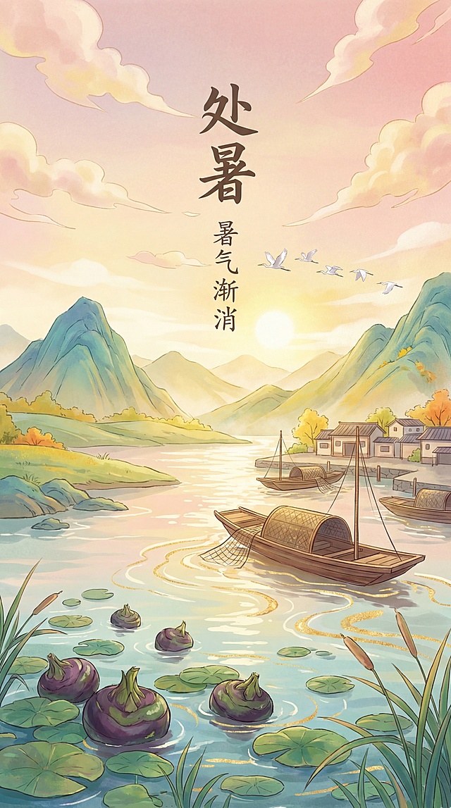 参考提供的两张新中式国风插画的清新柔和质感，创作竖版9:16的新中式国潮处暑主题插画，暑气渐消，菱角成熟，渔船归港，晚霞映江，天际一行白鹭，用没骨法表现霞光的柔和渐变与水面的粼粼波光，青绿山水融入淡金色调，秋意初显