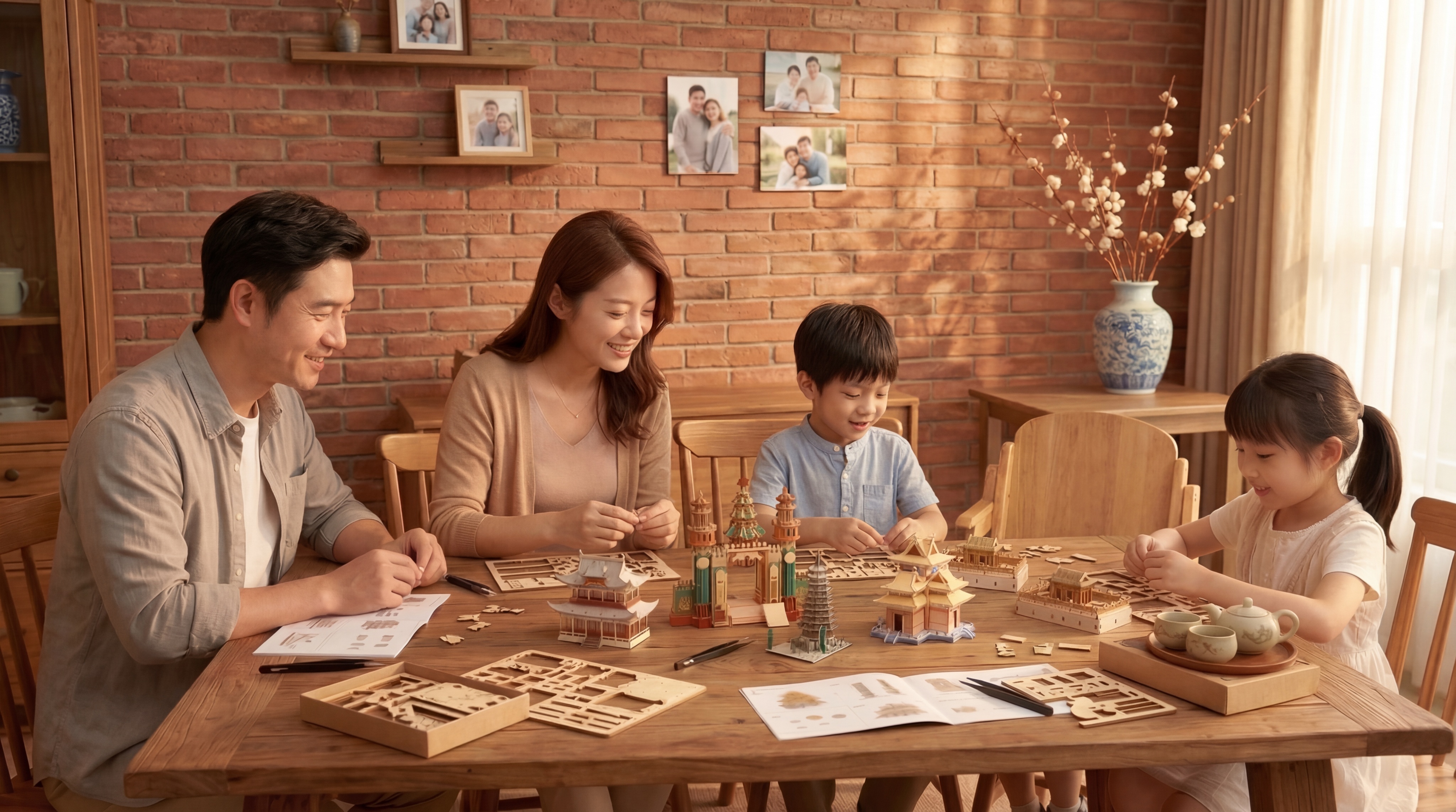 去掉画面中最小的小孩（穿背带裤的幼儿），保留爸爸妈妈、一个男孩… - 图片创意预览