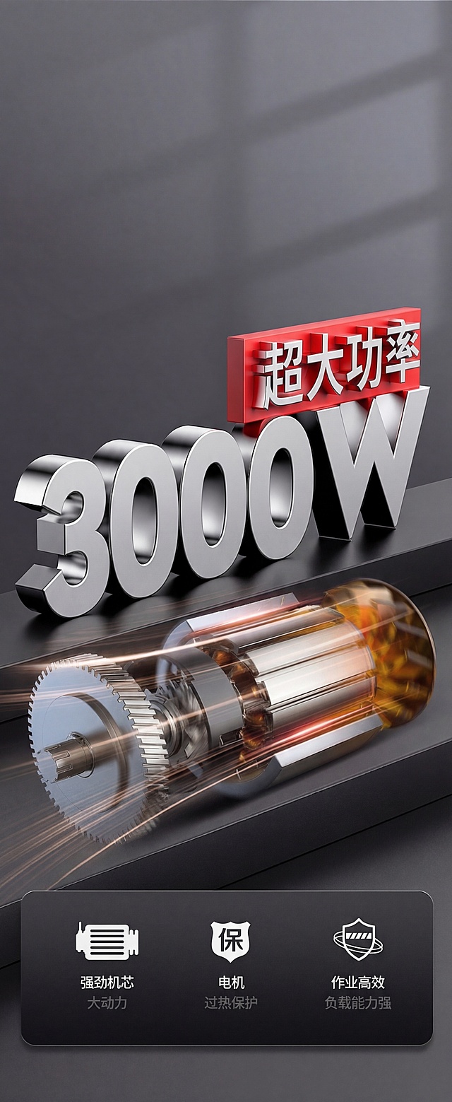 修改图中文字，将1280W改成3000W，移除画面上方的全部文字（“德国技术”、“精品无刷铜芯电机 拒绝烧机无力”、“进口品质电机，全铜绕线机芯 能量转换效率更高”），保留“超大功率”红色立体字，保留下方电机展示和三个图标介绍模块，保留整体深灰色商务背景，保持金属立体字的质感和电机的光影效果，画质清晰不变形