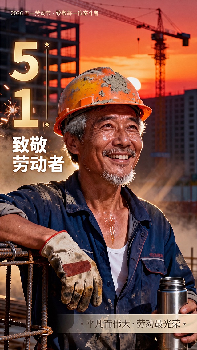 在现有图片基础上，按照文字排版方案添加文字：
1. 左侧留白区纵向排版主标题，从上到下为"51"（上下排列，粗壮工业风字体，夕阳暖金色，细微发光效果）和下方的"致敬劳动者"（简洁粗黑体，纯白色，左对齐），"51"右侧添加竖向细金线条，线条两端各有一颗小五角星。
2. 右侧底部横向排版副标题"平凡而伟大 · 劳动最光荣"，中等粗细宋体，浅灰色半透明，文字两侧各有一个小圆点装饰。
3. 左上角添加极小字"2026 五一劳动节 · 致敬每一位奋斗者"，极细无衬线字体，半透明白色。
保持原图建筑工人、夕阳工地背景的所有内容，只添加指定排版的文字，保持整体色调和谐自然。