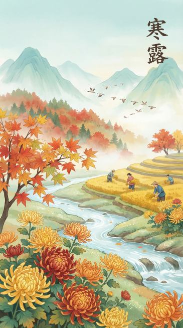 参考提供的两张新中式国风插画的清新柔和质感，创作竖版9:16的新中式国潮寒露主题插画，露气清寒，远山淡青，层林染上枫红，候鸟向南方飞去，枫叶初红，秋菊盛放，山间溪流清透，田间农人采收作物，用没骨法渲染预览效果