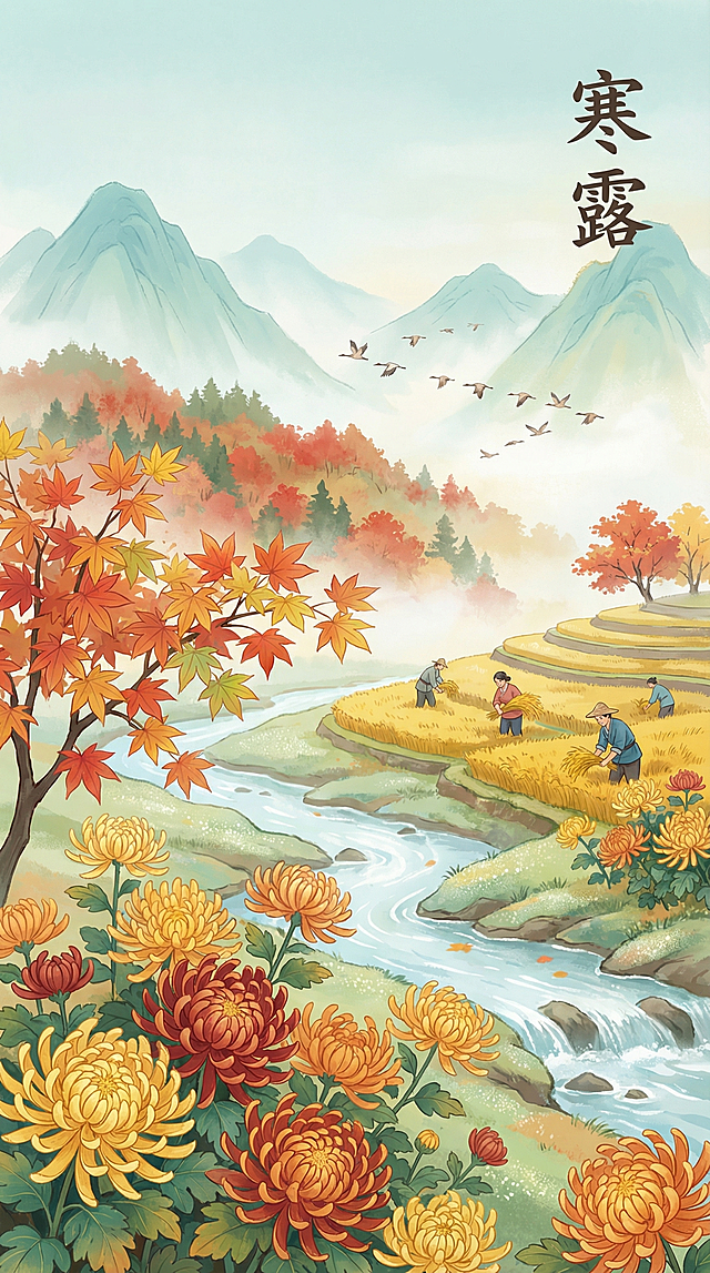参考提供的两张新中式国风插画的清新柔和质感，创作竖版9:16的新中式国潮寒露主题插画，露气清寒，远山淡青，层林染上枫红，候鸟向南方飞去，枫叶初红，秋菊盛放，山间溪流清透，田间农人采收作物，用没骨法渲染枫叶渐变红韵与菊花层叠质感，色调以朱砂、赭石与石绿搭配，体现秋意氛围
