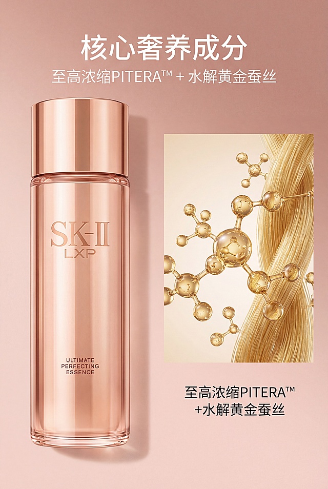 严格还原参考图的SK-II LXP金钻臻致升效精华露产品设计、颜色、LOGO位置、文字内容、图案元素等所有细节，产品外观与参考图完全一致，保持真实金属高光质感。画面左侧为半透明瓶身局部特写，右侧为金色蚕丝纤维纹理+PITERA™分子结构微观视觉，主标题为「核心奢养成分」，副标题为「至高浓缩PITERA™ + 水解黄金蚕丝」，文字采用统一无衬线体，左右分栏排版，背景为浅裸粉渐变，整体科技感与奢华感结合，清晰展示成分功效。禁止改变产品外观，禁止模糊成分可视化效果，禁止使用卡通、涂鸦风格，禁止文字错位，禁止出现无关装饰元素，禁止低画质。