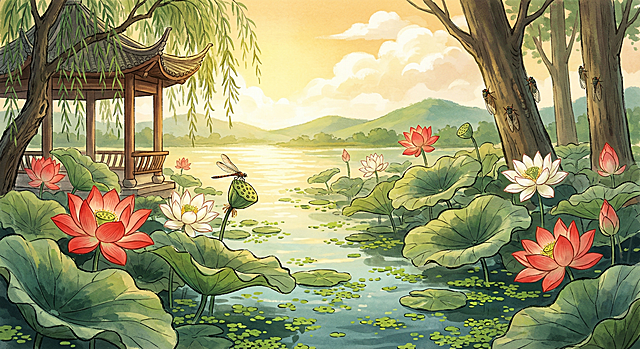 参考提供的两张清新国风插画的质感，创作夏至主题国风插画，白昼悠长，蝉在高树上鸣叫，荷塘花朵完全盛放，红白荷花错落分布，蜻蜓停立在莲蓬上，亭台的一角隐藏在柳树树荫下，水面上点缀着点点浮萍，用没骨法渲染出荷叶层层叠叠的翠色与荷花花瓣的柔润质感，整体色调浓郁饱满