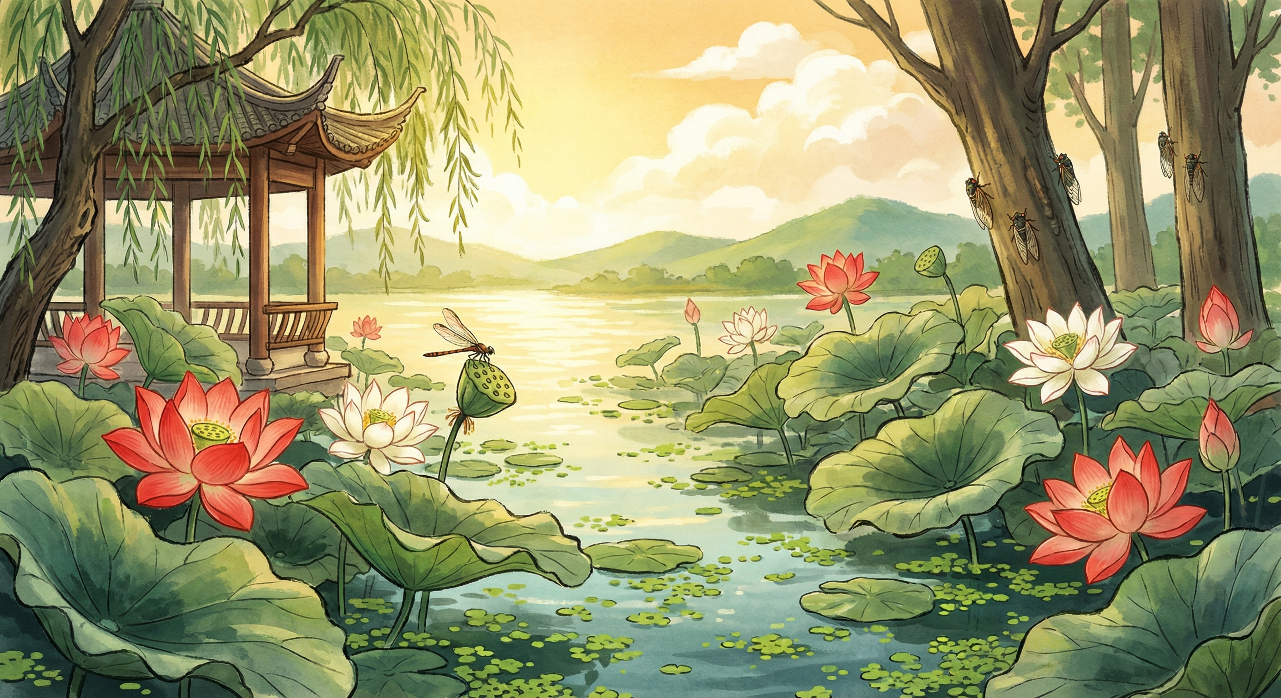 参考提供的两张清新国风插画的质感，创作夏至主题国风插画，白昼悠… - 图片创意预览