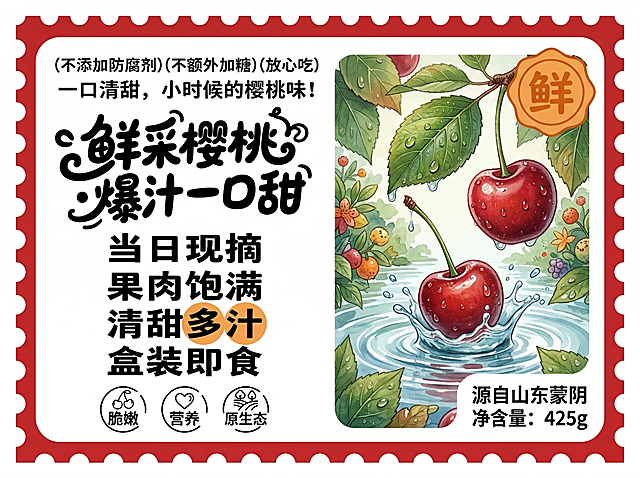 邮票式圆角矩形包装标签，红色波浪齿边，白色背景，左右分栏布局。左侧主标题为“鲜采樱桃・爆汁一口甜”，粗黑圆润卡通手写字体；上方标语“(不添加防腐剂)(不额外加糖)(放心吃) 一口清甜，小时候的樱桃味！”；中部“当日现摘、果肉饱满、清甜多汁、盒装即食”，“汁”字嵌入暖橙色圆形底纹；底部三个圆形图标：樱桃轮廓+脆嫩、爱心营养+营养、果园+原生态。右侧插画为两颗布满晶莹水珠的樱桃，一颗坠入水中激起涟漪水花，另一颗挂在带露珠的绿叶下，周围绿意盎然，清新水润充满自然鲜活感。右上角暖橙色印章式“鲜”字，右下角标注产地“源自山东蒙阴”与规格“净含量:425g”。整体色彩温暖柔和，童趣手绘风格，文字与插画清晰完整无遮挡，适合樱桃食品包装。