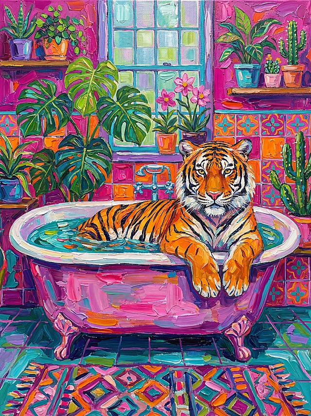 参考这几张参考图，生成一幅类似的老虎在浴缸里的厚涂油画作品，鲜艳多彩的配色，丰富的背景占比，画面笔触明显，充满艺术氛围感