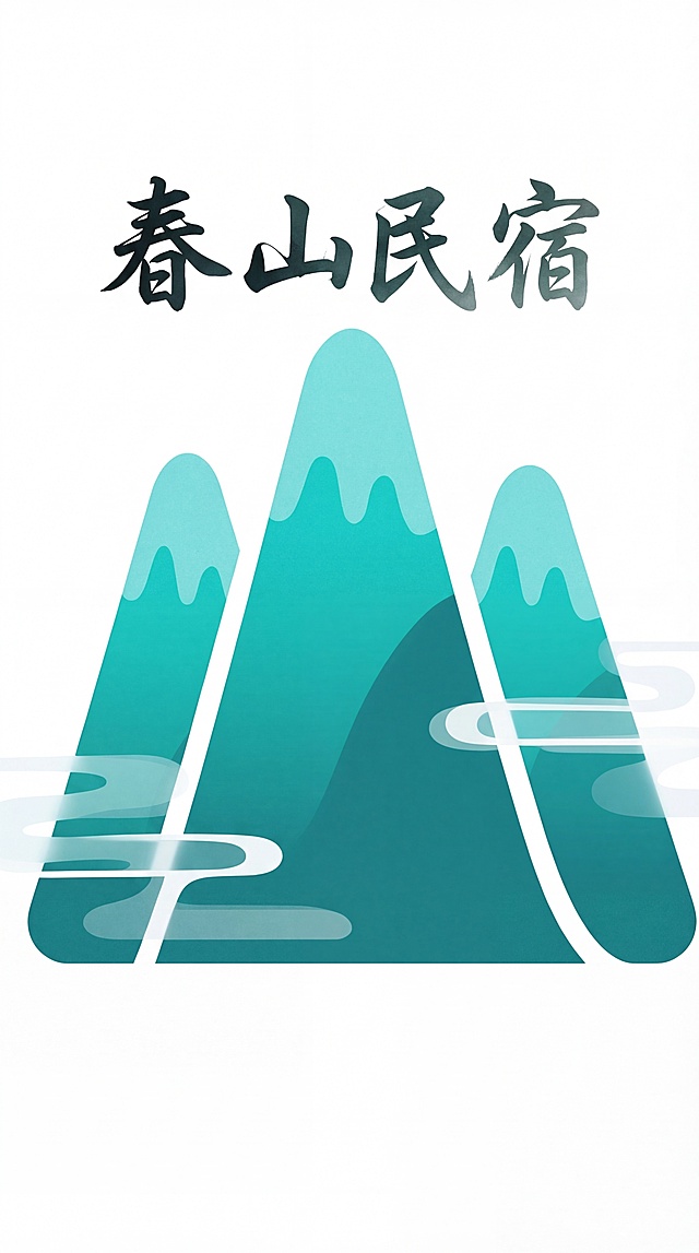 竖版春山民宿组合标Logo设计，整体为纯净白色背景，留白充足。画面上方是行书风格毛笔书法字“春山民宿”，笔触遒劲有力，墨色浓淡自然，富有东方韵味，文字做图形化处理同时保证可读性。文字下方是三座青绿色渐变的极简连绵山峰剪影，中间山峰略高，左右对称排列，山间有白色细线勾勒。文字与山峰图形比例协调，视觉重量平衡，整体风格雅致简洁，充满文化感，画面干净无多余装饰，矢量风格，放大缩小都清晰可识别