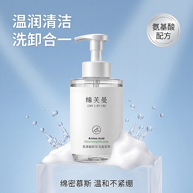 [主图1 首图] 缔芙曼氨基酸卸妆洁面慕斯主图，简约清新美妆风格，通透亮调光效。产品居中放置在清透石膏静物台上，背景为淡蓝色渐变流体光影，周围点缀细碎晶莹水滴和绵密白色泡沫，产品瓶身保持与原图完全一致，文字清晰完整。左上角悬浮无衬线粗体白色主标题“温润清洁 洗卸合一”，右上角有极简银质徽章标注“氨基酸配方”，底部悬浮小字副标题“绵密慕斯 温和不紧绷”。文字均悬浮于背景，无遮挡产品主体。