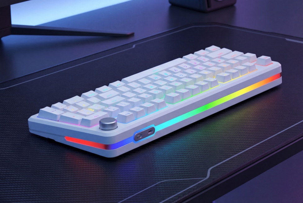 图生图，参考原图白色RGB机械键盘的产品设计，生成一张单产品3/4视角的展示图，保留键盘的白色机身、炫彩RGB灯条、彩色键帽侧边灯效和右上旋钮设计，放置在深色电竞桌面，打造科技感未来电竞场景，冷调环境预览效果