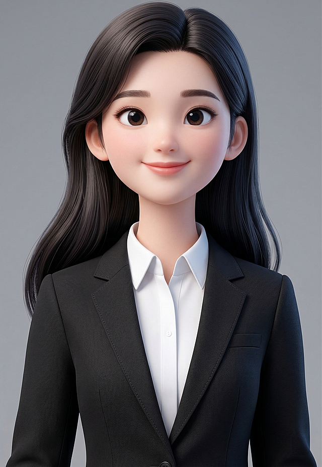 参考图中保留人物脸型、发型、年龄等特征生成职场形象照，给人物换上黑色西装，保留整体3D卡通风格，半身职业照，简约灰色纯色背景，32k画质超高分辨率，细节清晰，现代精致感风格