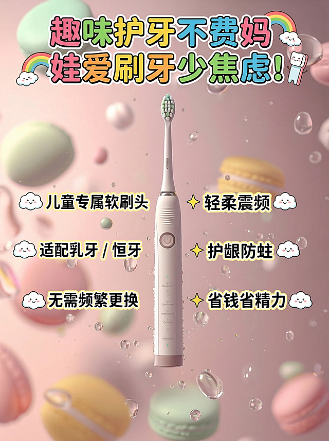 以这款带马卡龙和水滴背景的儿童电动牙刷图为底图，保持产品原样，创意可爱排版添加指定文案：顶部用活泼可爱的卡通艺术字展示主标题“趣味护牙不费妈，娃爱刷牙少焦虑！”，文字加小彩虹和牙刷小装饰，下方用圆润的童趣字体分块排版正文：“儿童专属软刷头 + 轻柔震频，适配乳牙 / 恒牙，护龈防蛀，无需频繁更换，省钱省精力”，文字搭配小云朵、小星星装饰元素，整体风格活泼可爱，适配母婴亲子宣传场景，画面明亮童趣