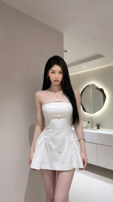 将第一张图片里的白色抹胸蝴蝶结短款连衣裙穿搭换到第二张图片的人物身上，人物脖子佩戴项链，保持模特级别的优秀身材比例，然后将人物的背景替换为第三张图片里的同卫生间场景，整体画面真实自然，人物和场景融合不预览效果