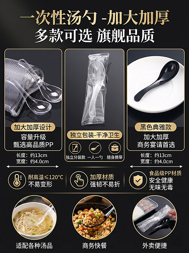 一次性汤勺商品详情图，适配1688平台，风格美观大方高档大气，突出核心卖点：加大加厚，耐高温，不变形，安全卫生，包含透明款、独立包装款、黑色款等多款式汤勺的展示，以及尺寸、使用场景等信息呈现