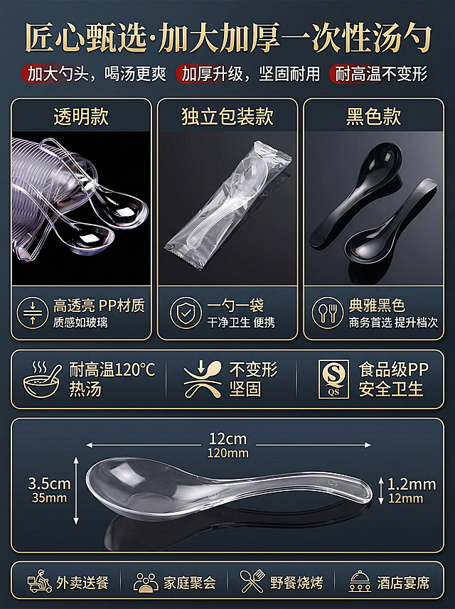 一次性汤勺商品详情图，适配1688平台，风格美观大方高档大气，突出核心卖点：加大加厚，耐高温，不变形，安全卫生，包含透明款、独立包装款、黑色款等多款式汤勺的展示，以及尺寸、使用场景等信息呈现