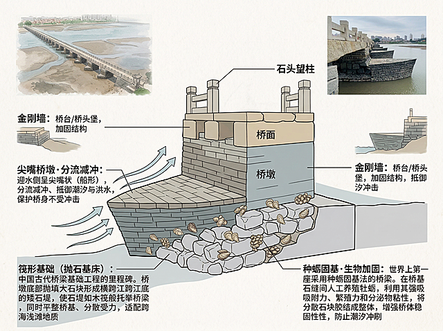 参考提供的洛阳桥素材，生成洛阳桥横向剖面图，用色块分别标注桥基、桥墩、桥面，通过指引线对核心结构进行标注：1. 剖面底部浅灰色块标注，指引线引出"筏形基础（抛石基床）：中国古代桥梁基础工程的里程碑。桥墩底部抛填大石块形成横跨江底的矮石堤，使石堤如木筏般托举桥梁，同时平整桥基、分散受力，适配跨海浅滩地质"；2. 在基础与桥墩结合处点缀牡蛎小图标，标注"种蛎固基·生物加固：世界上第一座采用种蛎固基法的桥梁。在桥基石缝间人工养殖牡蛎，利用其强吸附力、繁殖力和分泌物粘性，将分散石块胶结成整体，增强桥体稳固性，防止潮汐冲刷"；3. 桥墩突出尖嘴造型，用箭头示意水流方向，标注"尖嘴桥墩·分流减冲：迎水侧呈尖嘴状（船形），分流减冲、抵御潮汐与洪水，保护桥身不受冲击"；4. 在桥头两端标注"金刚墙：桥台/桥头堡，加固结构，抵御潮汐冲击"。整体风格清晰专业，信息标注准确，和主视觉呼应。