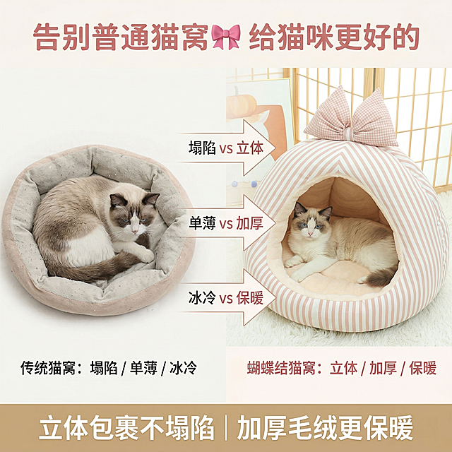 1:1竖版，轻奢萌系温馨居家风格，暖色调柔和自然光，左右对比布局，左侧是 “普通猫窝” 痛点场景：扁平塌陷、面料单薄、猫咪蜷缩不愿躺，配黑色无衬线字体文字："传统猫窝：塌陷 / 单薄 / 冰冷"；右侧是严格还原参考图形态的粉白条纹蝴蝶结猫窝：立体包裹、厚实毛绒、猫咪惬意舒展，配暖粉色无衬线字体文字："蝴蝶结猫窝：立体 / 加厚 / 保暖"，中间用清晰箭头对比标注 "塌陷 vs 立体""单薄 vs 加厚""冰冷 vs 保暖"，背景简洁干净，光线均匀，突出产品解决传统猫窝痛点的优势，画面高清细腻，对比直观不刺眼。顶部居中主标题是暖粉色无衬线字体文字："告别普通猫窝🎀 给猫咪更好的"，底部居中副标题是米白色无衬线字体文字："立体包裹不塌陷 | 加厚毛绒更保暖"。