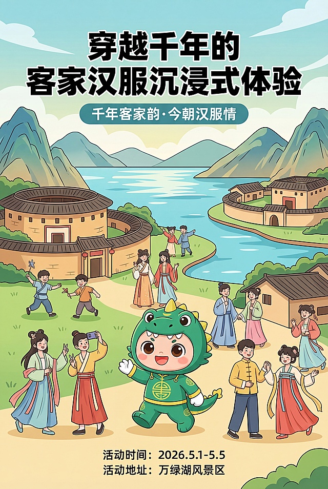 A4竖版的客家汉服嘉年华宣传海报，采用和参考图二相同的扁平化清新插画风格，年轻化潮流化设计。画面融合万绿湖风景区的自然山水、客家古建场景，加入穿汉服的年轻人互动游玩的活泼画面，在合适位置融入参考图一的绿色恐龙IP形象。海报上方醒目显示标语“穿越千年的客家汉服沉浸式体验”，副标题是活动口号“千年客家韵·今朝汉服情”，下方标注活动时间“2026.5.1-5.5”和活动地址“万绿湖风景区”，整体配色清新明快，氛围热闹有活力。