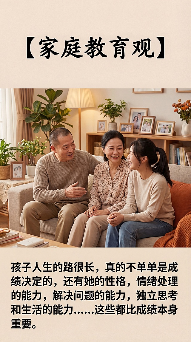 温馨的客厅场景，画面中有一对和蔼的中年中国父母和一位中国大学生女孩，三人坐在一起亲切交谈，氛围温暖融洽。图片上方清晰书写中文标题【家庭教育观】，下方书写清晰正确的中文文字："孩子人生的路很长，真的不单单是成绩决定的，还有她的性格，情绪处理的能力，解决问题的能力，独立思考和生活的能力.....这些都比成绩本身重要。"，所有文字书写清晰正确