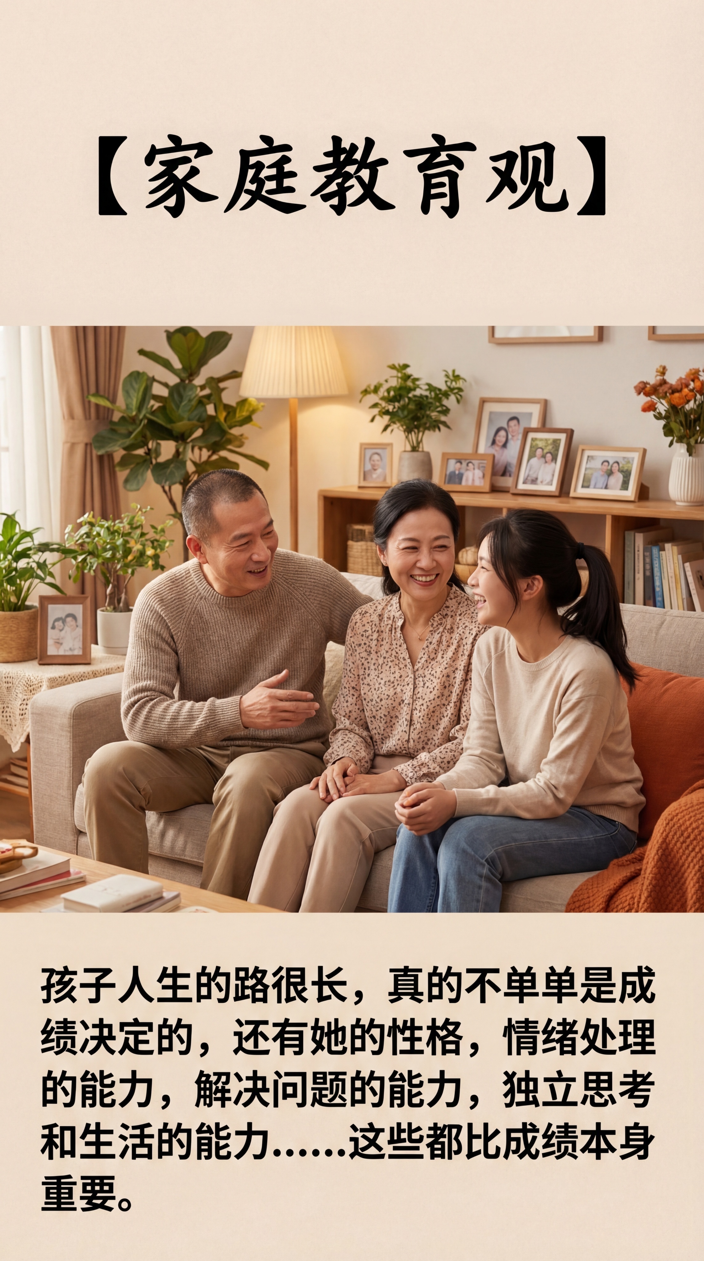 温馨的客厅场景，画面中有一对和蔼的中年中国父母和一位中国大学生… - 图片创意预览