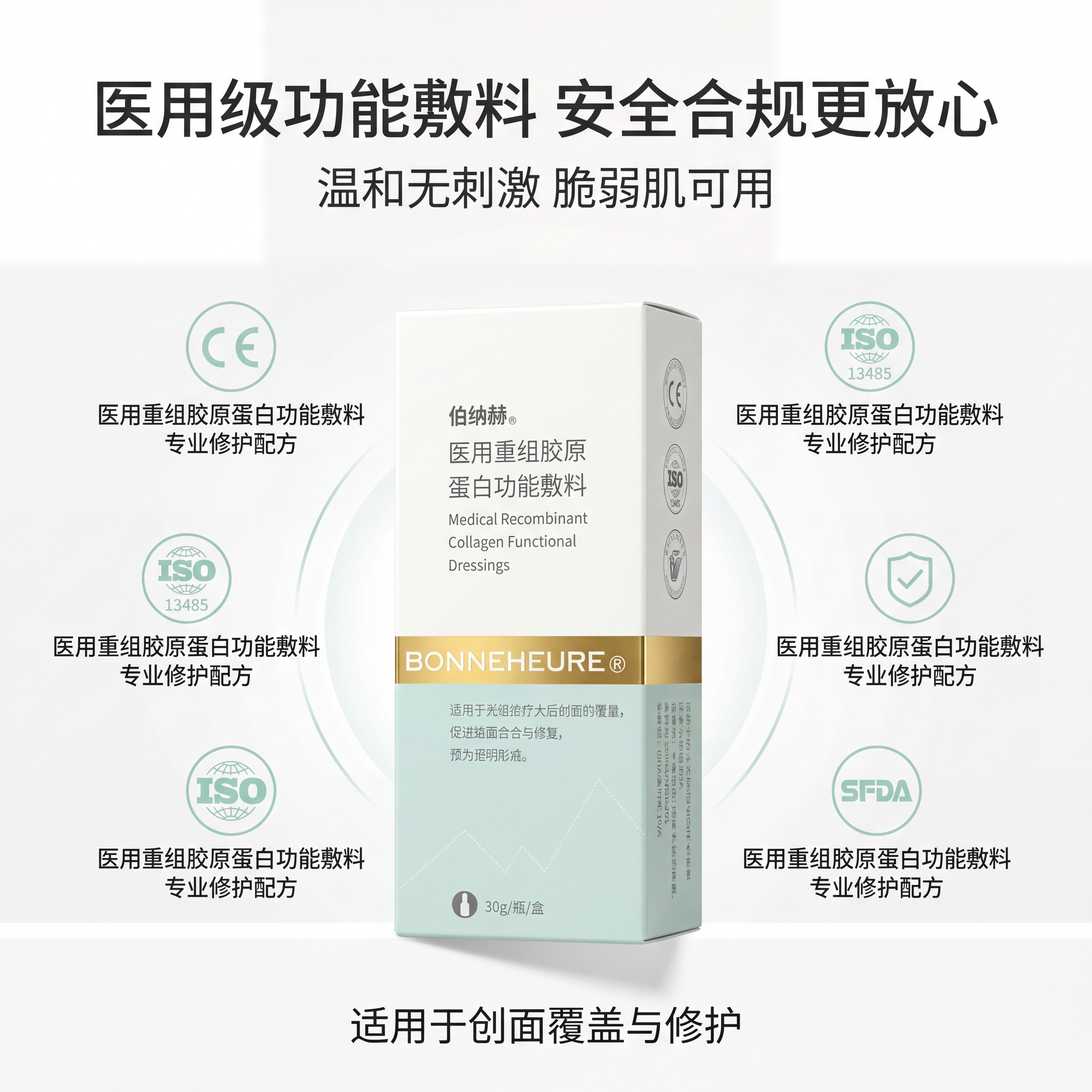 严格还原上传的伯纳赫医用重组胶原蛋白功能敷料产品图，包括包装设… - 图片创意预览