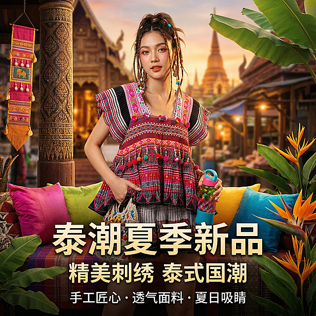 泰潮服饰夏季新品营销海报，泰式国潮风格，画面中有穿着这款泰式民族风刺绣上衣的女模特，整体色彩浓郁富有东南亚特色，突出服饰的精美刺绣和设计，搭配「泰潮夏季新品」相关文案