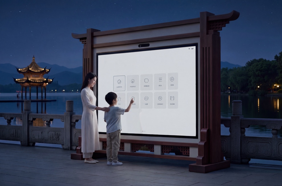 夜晚公园湖边场景，新中式智能大屏（约1.8米高）放置在石质护栏旁，屏幕亮起柔和白光；一名约6岁东亚小男孩站立操作屏幕，姿态专注自然；一旁有成年东亚女性（母亲形象）温和陪同，手轻扶孩子肩部；背景为静谧湖预览效果