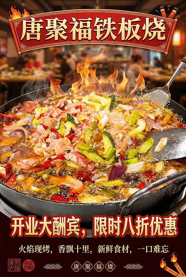 唐聚福铁板烧开业宣传单封面设计，放置三张实拍铁板烧美食图，上方有醒目的大字"唐聚福铁板烧"，下方有宣传文字"开业大酬宾，限时八折优惠"，添加宣传文案"火焰现烤，香飘十里，新鲜食材，一口难忘"，整体风格热闹诱人，食欲感满满，吸引顾客到店消费，美食构图饱满，色彩浓郁