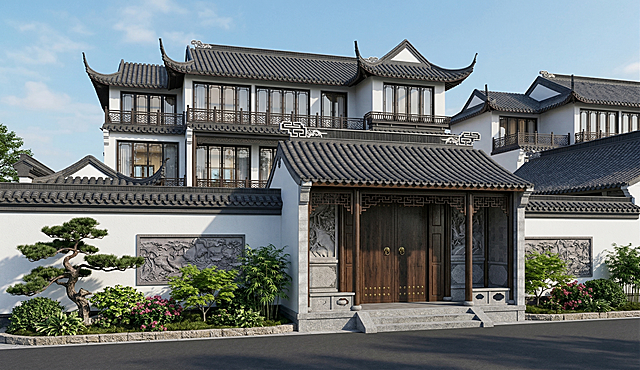 转为写实建筑效果图，新中式合院入口，白墙黛瓦苏式民居，深灰色小青瓦，白色真石漆墙面，晴天浅蓝天空，门前添加造型松与绿化，4K 高清，摄影级质感，东方美学，无水印，保留原图场景和布局结构