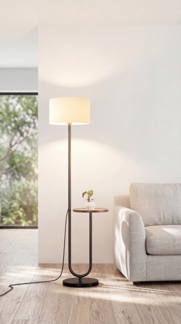 落地灯在灯罩正中心垂直向下偏移约15%位置，投射一束柔和暖白光，精准打在白色墙面上，形成横向舒展的扁圆弧形光斑（宽高比约2:1），类似轻微拉长的椭圆，顶部略收窄、底部微展开，边缘自然柔化过渡，无硬边。预览效果