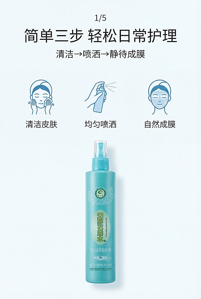 严格还原上传奇力康无醇花露水参考图，精准复刻包装设计、产品配色、LOGO位置及比例、文字内容及字体、图案元素及细节，无任何偏差，色彩无失真；产品与画面中其他物体比例遵循真实物理空间逻辑，视觉协调，比例还原1:1；主标题为"简单三步 轻松日常护理"，副标题为"清洁→喷洒→静待成膜"；主标题上1/5居中；画面用简约线性图标展示使用步骤：清洁皮肤→均匀喷洒→自然成膜；产品置于底部；上下排版，留白30%；主色调天蓝色+白色，柔光，简约无衬线字体。避免步骤混乱，图标杂乱，文字过多，排版拥挤，颜色花哨，产品变形，比例失调，画面模糊，强光刺眼，重阴影，土气设计，风格不统一，文字错位。