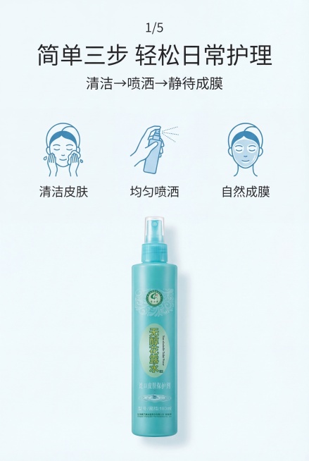 严格还原上传奇力康无醇花露水参考图，精准复刻包装设计、产品配色、LOGO位置及比例、文字内容及字体、图案元素及细节，无任何偏差，色彩无失真；产品与画面中其他物体比例遵循真实物理空间逻辑，视觉协调，比例预览效果