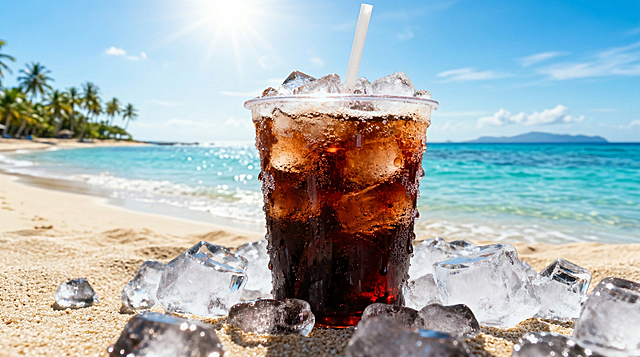 保留图中的冰可乐杯，去除杯身的所有logo标识，将背景替换为美丽晴朗的夏日海滩，有清澈的海水、细腻的沙滩，整体氛围清新明亮，高清写实