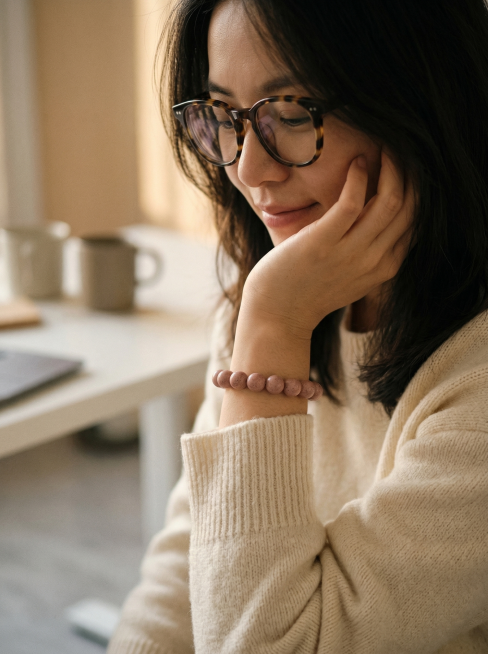 日常松弛感饰品佩戴纪实摄影，慵懒温柔的生活氛围，低饱和暖调光影，传递都市通勤的治愈感。采用平视近景特写视角，35mm人文焦段镜头，f/1.4大光圈实现极致浅景深，将托腮的手部置于画面视觉中心，背景环境预览效果