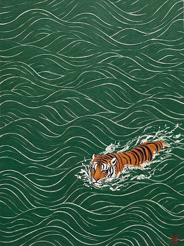 参考参考图风格，创作一幅油画，绿色波浪线条纹理背景，一只老虎位于画面靠右下角位置，仅露出部分身体浸在波浪中，保留参考图中式版画艺术风格，使用橙棕色老虎和深绿色背景撞色