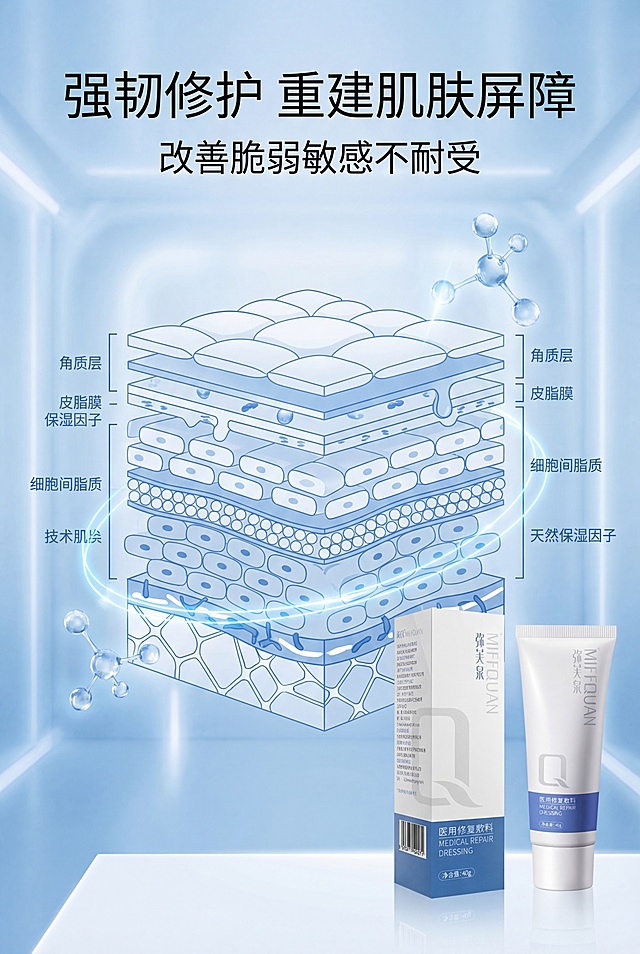 严格还原上传弥芙泉产品参考图，精准复刻包装设计、产品配色、LOGO位置及比例、文字内容及字体、图案元素及细节，无任何偏差，色彩无失真。产品与画面中其他物体的比例遵循真实物理空间逻辑，视觉协调，比例还原1:1，杜绝比例失衡、视觉突兀。画面比例为 2:3 竖版，医用科技极简风。主标题“强韧修护 重建肌肤屏障”位于画面上五分之一居中，副标题“改善脆弱敏感不耐受”在主标题下方居中。画面为皮肤屏障结构示意图，产品小图置于右下角。居中排版，留白占比百分之三十五。蓝白科技色调，柔和柔光，简约无衬线字体。负面提示词：示意图混乱，颜色花哨，模糊不清，细节丢失，产品变形，比例错误，强光刺眼，阴影生硬，噪点严重，多余人物，土气特效，文字过多，排版拥挤，风格割裂