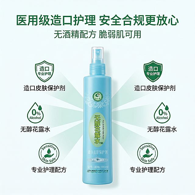 严格还原参考的奇力康无醇花露水（造口皮肤保护剂）产品图，完全保留包装设计、颜色、LOGO位置、文字内容及字体、图案元素；瓶身为光滑天蓝色塑料材质，印刷清晰无晕染；主标题：“医用级造口护理 安全合规更放心”；副标题：“无酒精配方 脆弱肌可用”；产品置于画面中心，占画面40%，正面平视角度；四周分布医用认证图标（如造口护理标识、无酒精标识），搭配文字“造口皮肤保护剂 无醇花露水 专业护理配方”，无衬线绿色字体；底部标注“江苏奇力康皮肤药业有限公司 总经销”，无衬线字体；中心辐射布局，产品为核心，认证图标围绕分布，传递安全可靠感，留白15%；干净白色背景，认证图标为绿色，与产品配色统一，柔和光影，突出产品医用属性。禁止改变产品外观，禁止添加虚假认证标识，禁止模糊文字信息，禁止色调偏离天蓝色+白医用专业风，禁止材质质感失真，禁止比例失调，禁止强光刺眼，禁止重阴影，禁止噪点多，禁止背景杂乱，禁止风格割裂，禁止文字模糊，禁止排版拥挤，禁止产品变形，禁止颜色偏差，禁止印刷模糊，禁止多余元素，禁止土气设计。