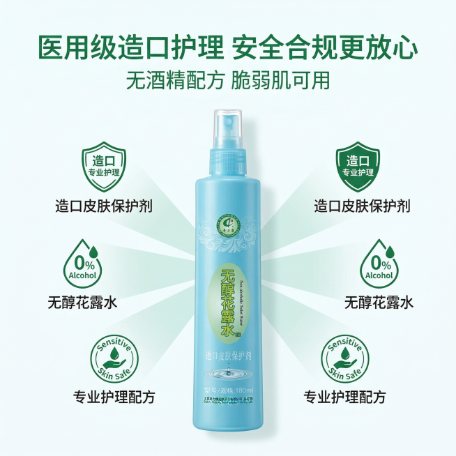 严格还原参考的奇力康无醇花露水(造口皮肤保护剂)产品图,完全保留包装设计、颜色、LOGO位置、文字内容及字体、图案元素;瓶身为光滑天蓝色塑料材质,印刷清晰无晕染;主标题:“医用级造口护理 安全合规更放预览效果
