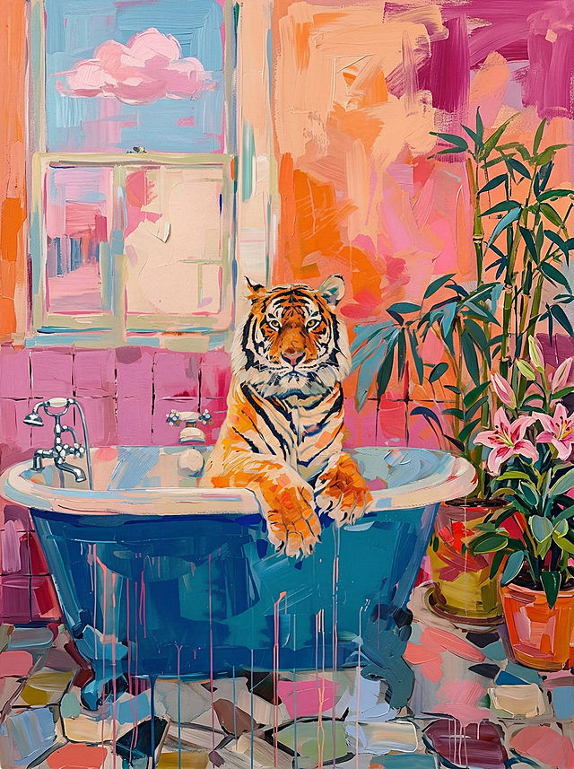 生成一幅类似参考图的老虎在浴缸中的厚涂油画，保留老虎主体，增加背景占比，色彩丰富明快，笔触厚重具有肌理感，风格跟参考图一致，画质清晰