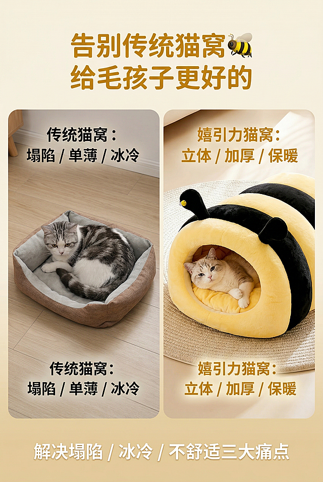 2:3 竖版，轻奢萌系温馨居家风格，暖色调柔和自然光，左右分栏对比布局，左侧是传统猫窝痛点场景：扁平塌陷、面料单薄、猫咪蜷缩不愿躺，配黑色无衬线字体文字："传统猫窝：塌陷 / 单薄 / 冰冷"；右侧是嬉引力小蜜蜂宠物窝，严格还原产品图，黑黄条纹、立体触角、内里蓬松填充，尺寸比例1:1：立体包裹、厚实毛绒、猫咪惬意舒展，配暖姜黄色无衬线字体文字："嬉引力猫窝：立体 / 加厚 / 保暖"。顶部居中主标题暖姜黄色无衬线字体："告别传统猫窝🐝 给毛孩子更好的"，底部居中副标题米白色无衬线字体："解决塌陷 / 冰冷 / 不舒适三大痛点"，整体对比直观清晰，风格统一，画面高清细腻。禁止产品变形、禁止条纹模糊、禁止触角变形/丢失、禁止内里填充塌陷、禁止对比场景杂乱、禁止文字遮挡产品、禁止出现其他品牌LOGO、禁止画面模糊/低分辨率、禁止冷色调、禁止猫窝比例失调、禁止竞品场景恶意丑化，保持客观对比，禁止尺寸信息缺失/错误